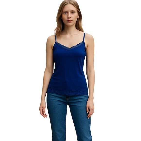 Y2K Vtg Express sexy stretch Cami tank top lace trim Blue Sz Small Dainty fairy - Picture 1 of 10